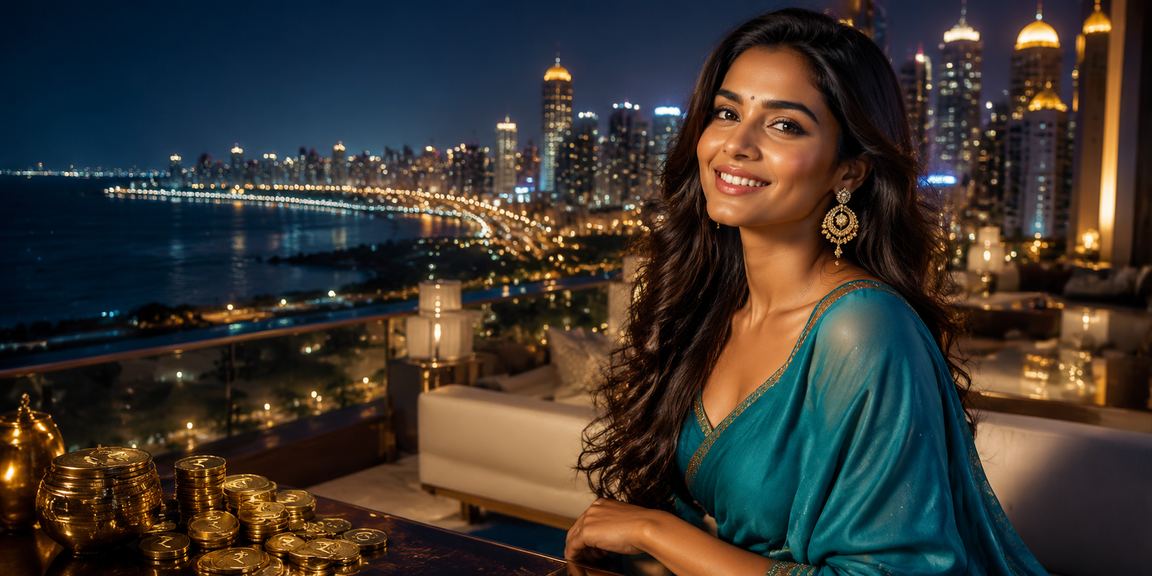 Indian woman enjoying online betting on mobile device at night