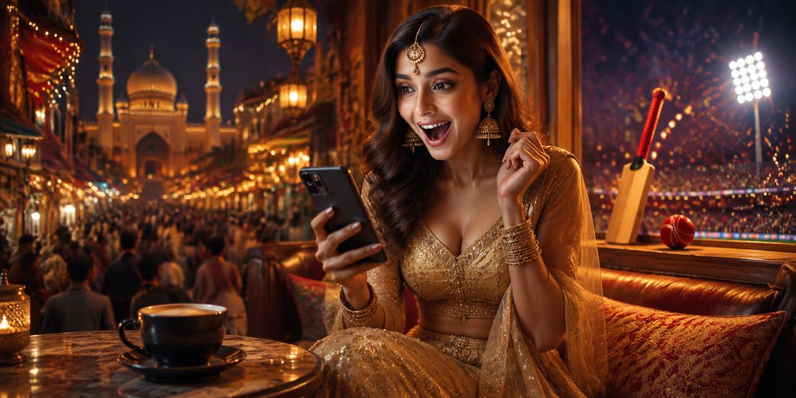 Excited Indian woman checking cricket betting odds on mobile