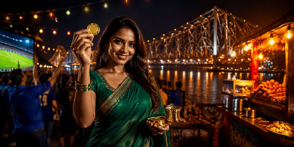 People playing Teen Patti near Kolkata's Howrah Bridge during evening